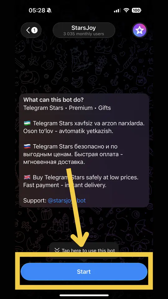 StarsJoy Telegram botining boshlang'ich ekrani, pastda ko'k «Start» tugmasi belgilangan