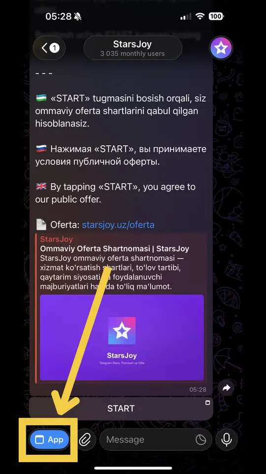 Telegram botdagi oferta xabari va pastki chapda ko'k «App» tugmasi belgilangan
