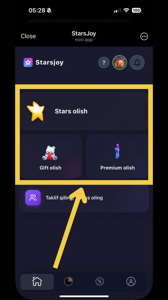 StarsJoy mini ilovasining bosh ekrani: Stars olish, Gift olish va Premium olish bo'limlari