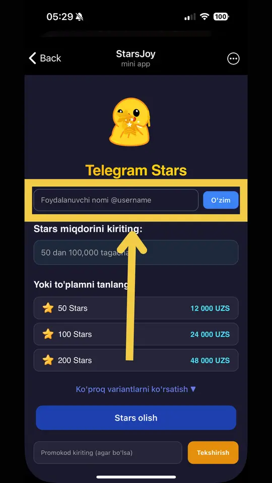 Telegram Stars sahifasida username kiritish maydoni va «O'zim» tugmasi belgilangan