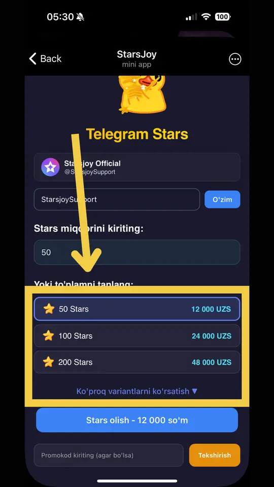 Stars paketlari ro'yxati: 50 Stars 12 000 so'm, 100 Stars 24 000 so'm, 200 Stars 48 000 so'm