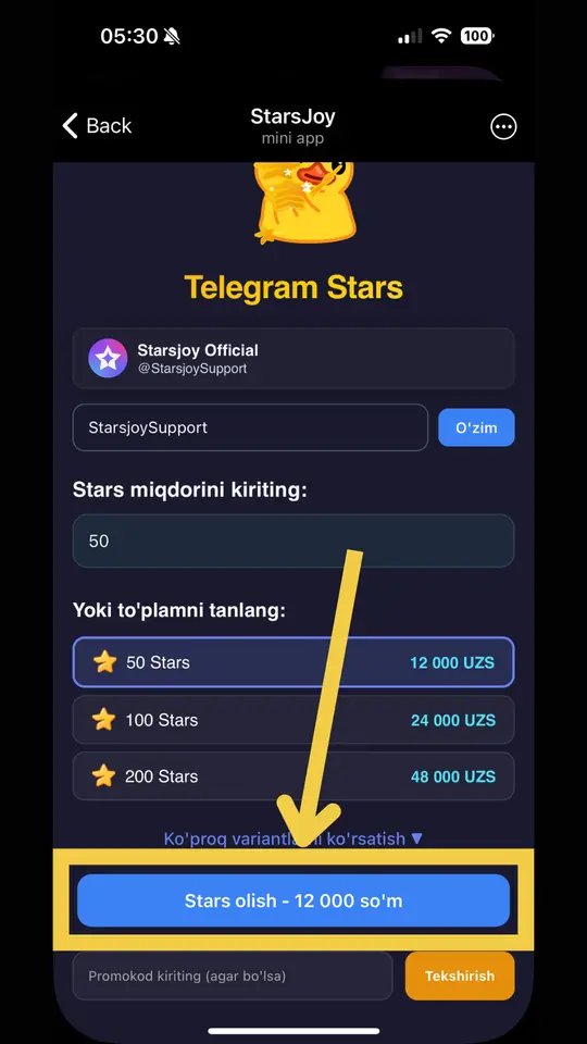 «Stars olish - 12 000 so'm» yozuvli ko'k tugma belgilangan